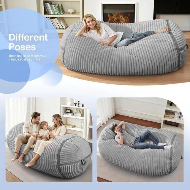 Alt view image 4 of 6 - Bean Bag Chair 6FT Giant Bean Bag Chairs for Adults with Memory Foam Filled,6'Beanbag Chair with Soft Faux Fur Cover, Bean Bag Bed Bean Bag Sofa Lounger for Living Room,Bedroom-Light Grey