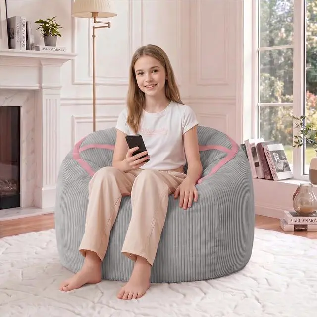 Alt view image 4 of 7 - Bean Bag Chair, 2FT Bean Bag Chairs with Memory Foam Filled, Comfy Bean Bag Sofa with Portable Handle, Ultra-Soft Corduroy BeanBag for Living Room, Bedroom, No Assembly - Light Grey & Pink