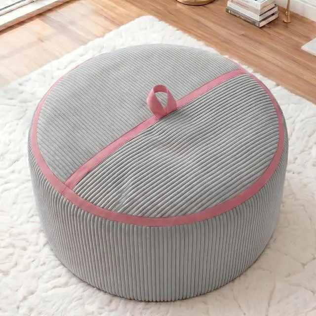 Alt view image 3 of 7 - Bean Bag Chair, 2FT Bean Bag Chairs with Memory Foam Filled, Comfy Bean Bag Sofa with Portable Handle, Ultra-Soft Corduroy BeanBag for Living Room, Bedroom, No Assembly - Light Grey & Pink