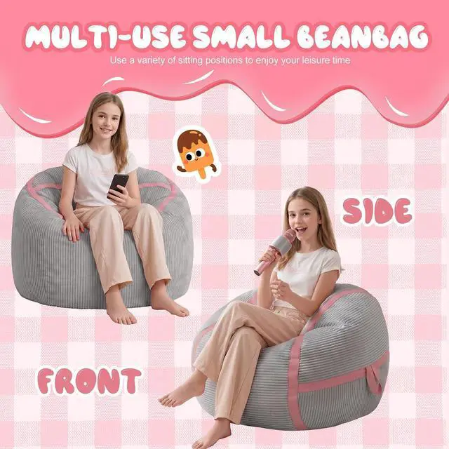 Alt view image 5 of 7 - Bean Bag Chair, 2FT Bean Bag Chairs with Memory Foam Filled, Comfy Bean Bag Sofa with Portable Handle, Ultra-Soft Corduroy BeanBag for Living Room, Bedroom, No Assembly - Light Grey & Pink