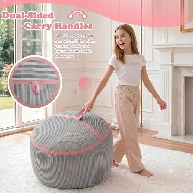 Alt view image 6 of 7 - Bean Bag Chair, 2FT Bean Bag Chairs with Memory Foam Filled, Comfy Bean Bag Sofa with Portable Handle, Ultra-Soft Corduroy BeanBag for Living Room, Bedroom, No Assembly - Light Grey & Pink