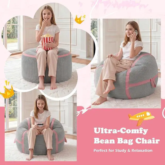 Alt view image 7 of 7 - Bean Bag Chair, 2FT Bean Bag Chairs with Memory Foam Filled, Comfy Bean Bag Sofa with Portable Handle, Ultra-Soft Corduroy BeanBag for Living Room, Bedroom, No Assembly - Light Grey & Pink