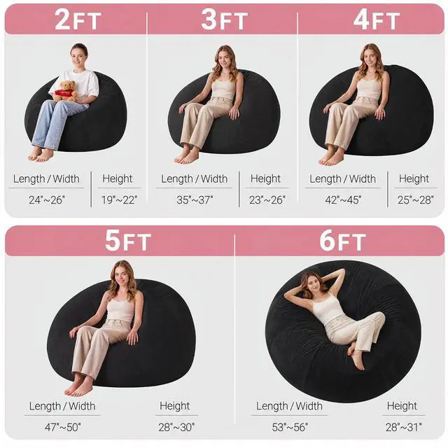 Alt view image 2 of 7 - 5FT Bean Bag Chair Teardrop Bean Bag Chairs for Adults beanbag with Memory Foam Filled with Dual-Tone Unique Combination Corduroy & Luxury Distressed Velvet Washable Cover,Velvet Black
