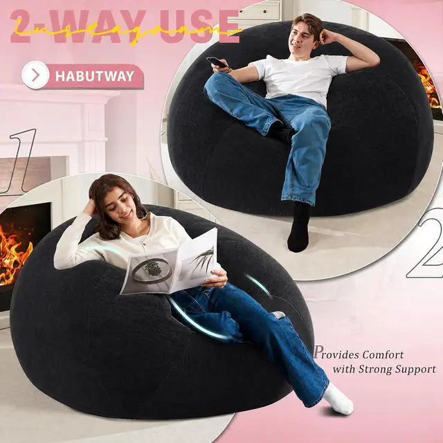 Alt view image 4 of 7 - 6FT Bean Bag Chair Teardrop Bean Bag Chairs for Adults beanbag with Memory Foam Filled with Dual-Tone Unique Combination Corduroy & Luxury Distressed Velvet Washable Cover,Velvet Black