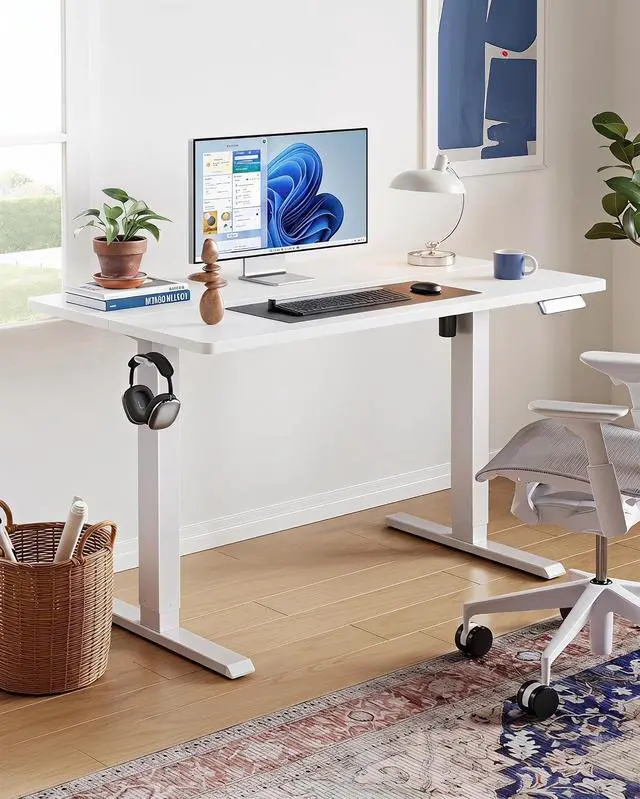 Alt view image 2 of 5 - Electric Standing Desk,53" x 28" Height Adjustable Desk, 4 Memory Height Settings, Sit to Stand Up Desk for Home Office, with Headphone Hook, Cable Manager, White