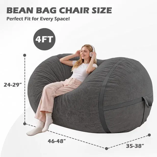 Alt view image 2 of 6 - 4FT Bean Bag Chair, Large BeanBag Chairs with Memory Foam Filled, Ultra-Soft Velvet with Portable Handle & Removable Cover, Comfy Bean Bag Sofa for Living Room, No Assembly - Dark Grey