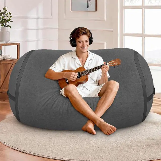 Alt view image 3 of 6 - 4FT Bean Bag Chair, Large BeanBag Chairs with Memory Foam Filled, Ultra-Soft Velvet with Portable Handle & Removable Cover, Comfy Bean Bag Sofa for Living Room, No Assembly - Dark Grey