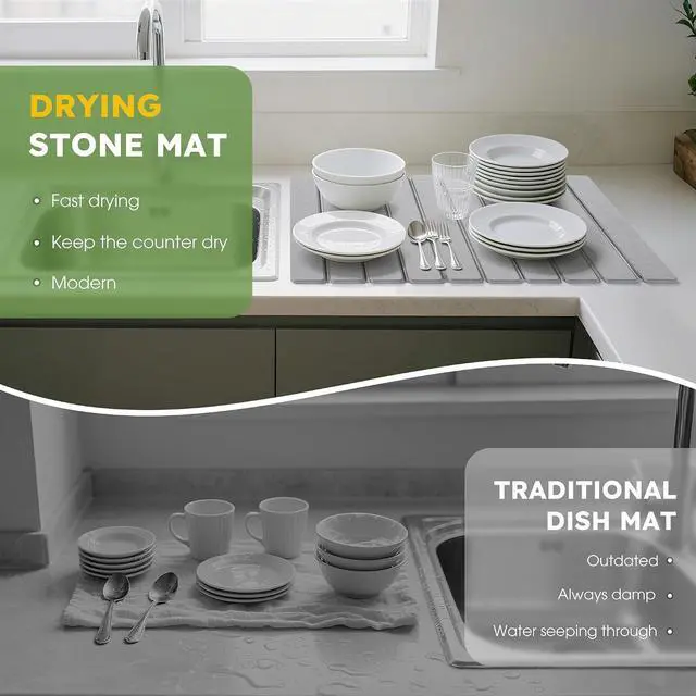 Alt view image 5 of 7 - Large Stone Dish Drying Mat for Kitchen Counter 24"×16" Collapsible Diatomaceous Earth Mat, Ultra Absorbent & Quick Dry, Foldable Drying Pad for Dishes, Bottles, Cups (Light Grey)
