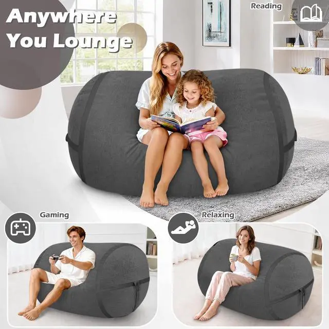 Alt view image 4 of 6 - 4FT Bean Bag Chair, Large BeanBag Chairs with Memory Foam Filled, Ultra-Soft Velvet with Portable Handle & Removable Cover, Comfy Bean Bag Sofa for Living Room, No Assembly - Dark Grey