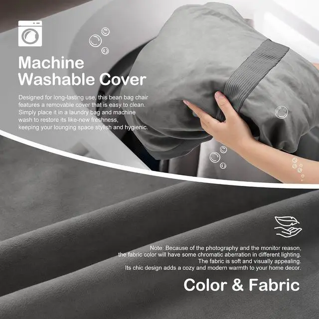 Alt view image 6 of 6 - 4FT Bean Bag Chair, Large BeanBag Chairs with Memory Foam Filled, Ultra-Soft Velvet with Portable Handle & Removable Cover, Comfy Bean Bag Sofa for Living Room, No Assembly - Dark Grey