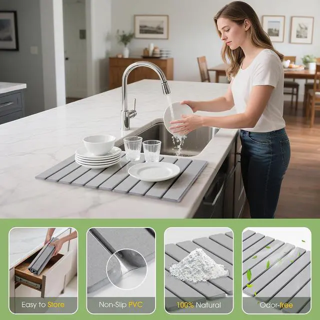 Alt view image 4 of 7 - Large Stone Dish Drying Mat for Kitchen Counter 24"×16" Collapsible Diatomaceous Earth Mat, Ultra Absorbent & Quick Dry, Foldable Drying Pad for Dishes, Bottles, Cups (Light Grey)