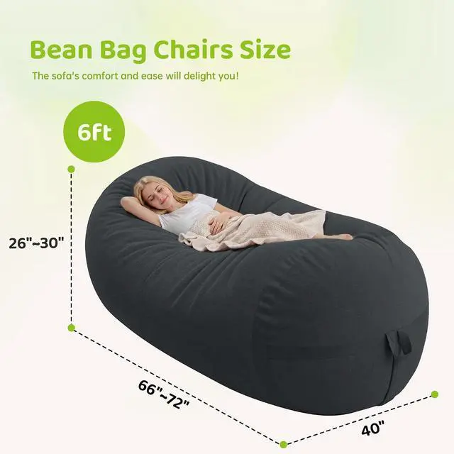 Alt view image 2 of 6 - Bean Bag Chair, 6FT Large Bean Bag Chair with Removable Cover, Comfy Beanbag Chair with Memory Foam Filling, Bean Bag Sofa for Living Room Bedroom Reading Room, Dark Grey