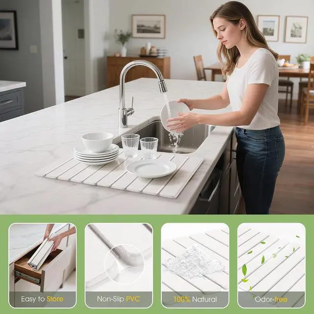 Alt view image 4 of 7 - Large Stone Dish Drying Mat for Kitchen Counter 24"×16" Collapsible Diatomaceous Earth Mat, Ultra Absorbent & Quick Dry, Foldable Drying Pad for Dishes, Bottles, Cups (White)