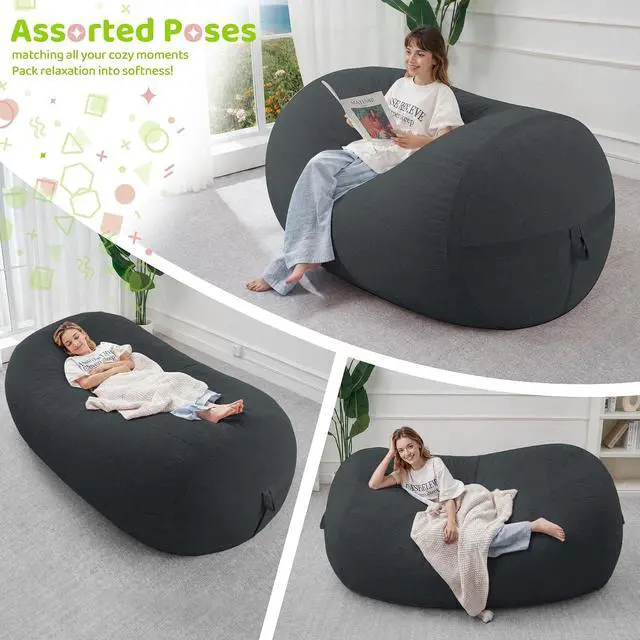 Alt view image 4 of 6 - Bean Bag Chair, 6FT Large Bean Bag Chair with Removable Cover, Comfy Beanbag Chair with Memory Foam Filling, Bean Bag Sofa for Living Room Bedroom Reading Room, Dark Grey