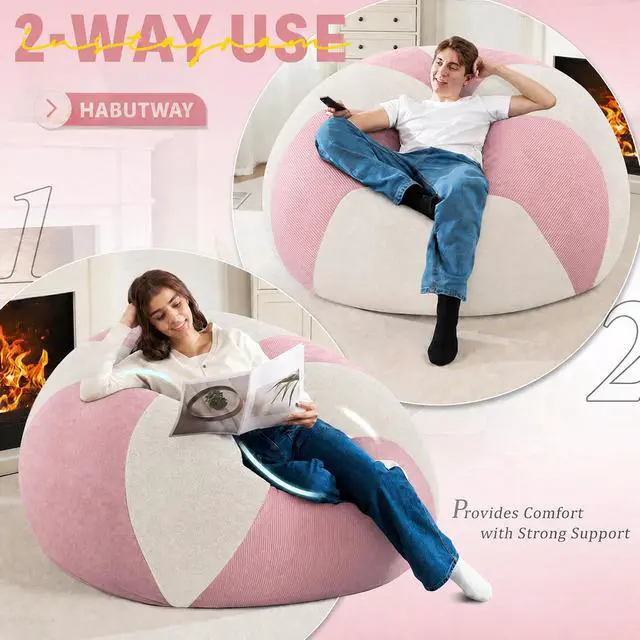 Alt view image 4 of 7 - 5FT Bean Bag Chair Teardrop Bean Bag Chairs for Adults beanbag with Memory Foam Filled with Dual-Tone Unique Combination Corduroy & Luxury Distressed Velvet Washable Cover,Velvet Pink & White