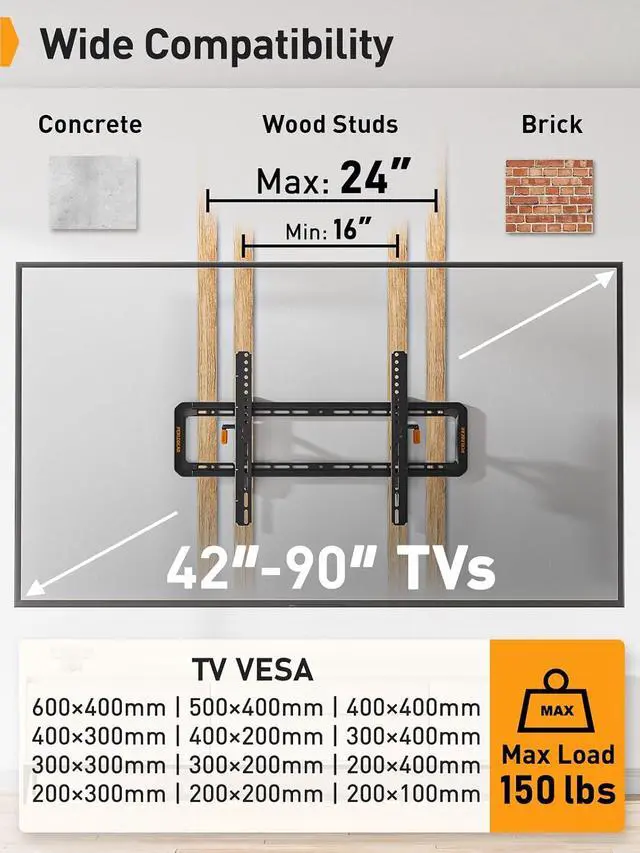 Alt view image 2 of 7 - Advanced Tilting TV Wall Mount, Pre-Assembled TV Mount for Most 42-90 inch TVs up to 150 lbs, 6-inch Arm Extension, 15° Full Tilt, Fits 24/16 Wood Studs, Max VESA 600x400mm
