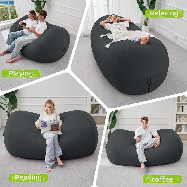 Alt view image 5 of 6 - Bean Bag Chair, 6FT Large Bean Bag Chair with Removable Cover, Comfy Beanbag Chair with Memory Foam Filling, Bean Bag Sofa for Living Room Bedroom Reading Room, Dark Grey