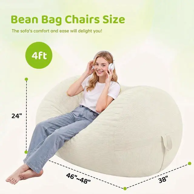 Alt view image 2 of 6 - Bean Bag Chair, 4FT Large Bean Bag Chair with Removable Cover, Comfy Beanbag Chair with Memory Foam Filling, Bean Bag Sofa for Living Room Bedroom Reading Room, White