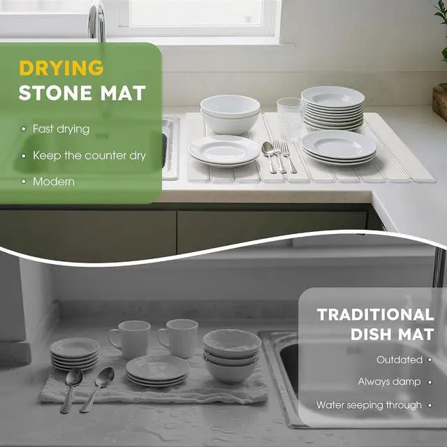 Alt view image 5 of 7 - Large Stone Dish Drying Mat for Kitchen Counter 24"×16" Collapsible Diatomaceous Earth Mat, Ultra Absorbent & Quick Dry, Foldable Drying Pad for Dishes, Bottles, Cups (White)