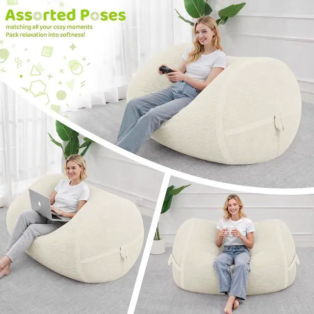 Alt view image 5 of 6 - Bean Bag Chair, 4FT Large Bean Bag Chair with Removable Cover, Comfy Beanbag Chair with Memory Foam Filling, Bean Bag Sofa for Living Room Bedroom Reading Room, White
