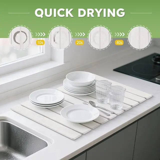 Alt view image 7 of 7 - Large Stone Dish Drying Mat for Kitchen Counter 24"×16" Collapsible Diatomaceous Earth Mat, Ultra Absorbent & Quick Dry, Foldable Drying Pad for Dishes, Bottles, Cups (White)