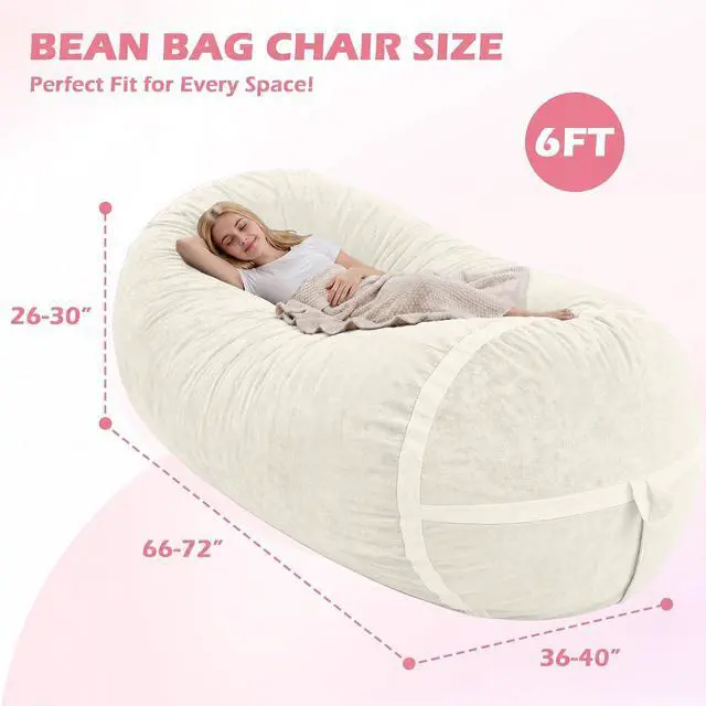 Alt view image 2 of 6 - 6FT Bean Bag Chair,Giant BeanBag Chairs with Memory Foam Filled, Ultra-Soft Velvet with Portable Handle & Removable Cover, Comfy Bean Bag Sofa for Living Room, No Assembly - Whtie