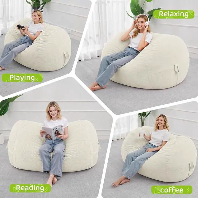 Alt view image 4 of 6 - Bean Bag Chair, 4FT Large Bean Bag Chair with Removable Cover, Comfy Beanbag Chair with Memory Foam Filling, Bean Bag Sofa for Living Room Bedroom Reading Room, White