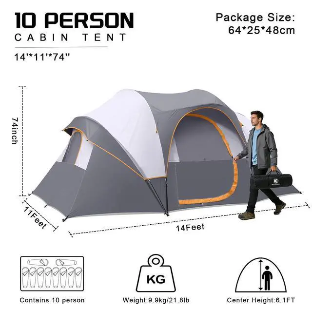 Alt view image 2 of 7 - 10 Person Camping Tent - Large Family Tent for Camping, Easy Set Up Portable Dome Tent, Windproof Outdoor Tent for Hiking, Backpacking, Traveling, 14'x11'x74''(H)