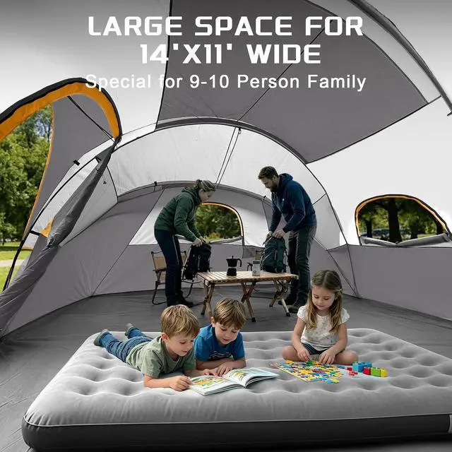 Alt view image 4 of 7 - 10 Person Camping Tent - Large Family Tent for Camping, Easy Set Up Portable Dome Tent, Windproof Outdoor Tent for Hiking, Backpacking, Traveling, 14'x11'x74''(H)