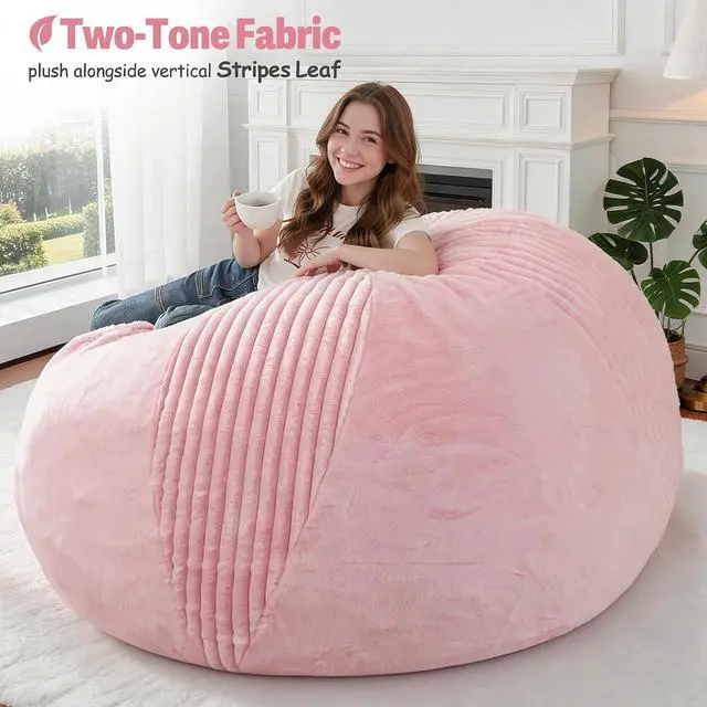 Alt view image 5 of 7 - 6FT Bean Bag Chairs Teardrop Bean Bag Chairs for Adults Beanbag Chair with Memory Foam Filled Soft Stripe Leaf alongside Plush Faux Fur Washable Cover for Dorm, Bedroom(Stripe PK)