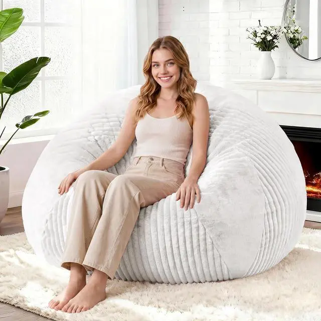 Main image of 5FT Bean Bag Chairs Teardrop Bean Bag Chairs for Adults Beanbag Chair with Memory Foam Filled Soft Plush Leaf alongside Stripe Faux Fur Washable Cover for Dorm, Bedroom(Plush WH)