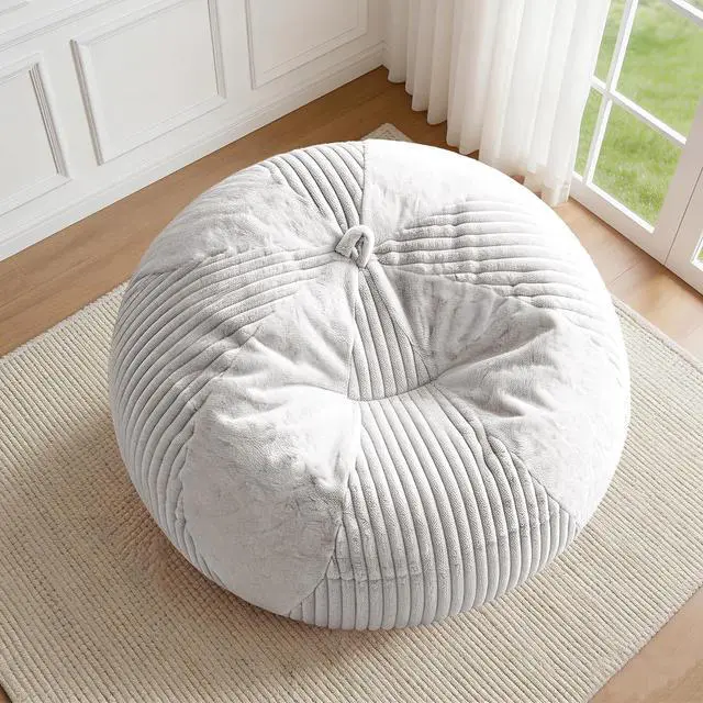 Alt view image 3 of 7 - 5FT Bean Bag Chairs Teardrop Bean Bag Chairs for Adults Beanbag Chair with Memory Foam Filled Soft Plush Leaf alongside Stripe Faux Fur Washable Cover for Dorm, Bedroom(Plush WH)