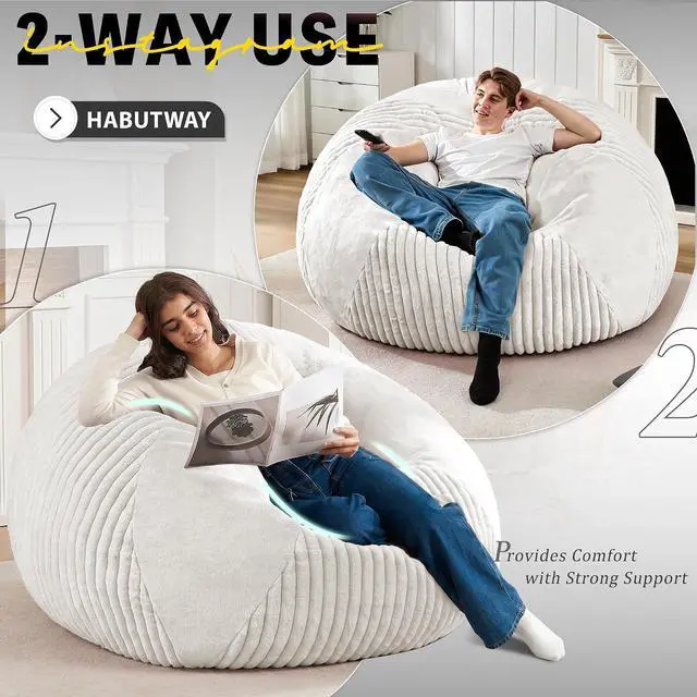 Alt view image 4 of 7 - 5FT Bean Bag Chairs Teardrop Bean Bag Chairs for Adults Beanbag Chair with Memory Foam Filled Soft Plush Leaf alongside Stripe Faux Fur Washable Cover for Dorm, Bedroom(Plush WH)