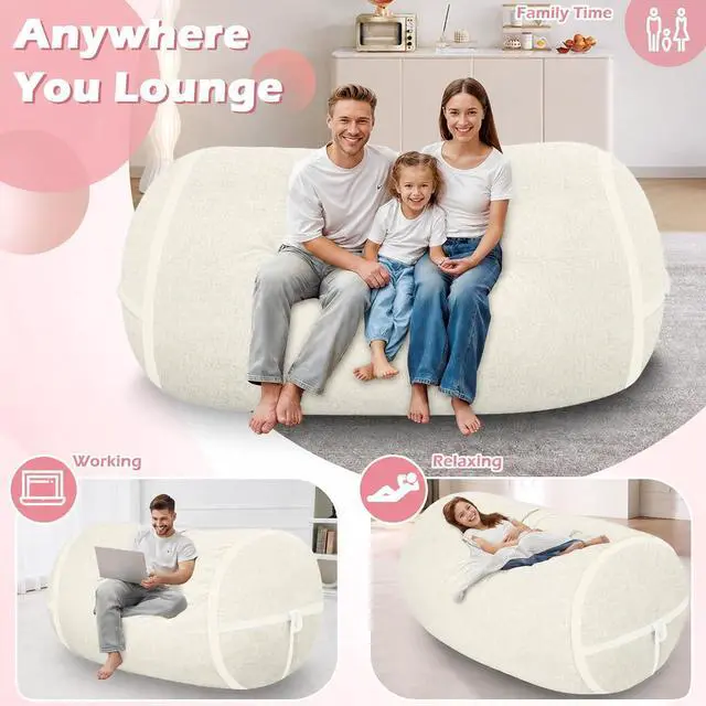 Alt view image 3 of 6 - 6FT Bean Bag Chair,Giant BeanBag Chairs with Memory Foam Filled, Ultra-Soft Velvet with Portable Handle & Removable Cover, Comfy Bean Bag Sofa for Living Room, No Assembly - Whtie