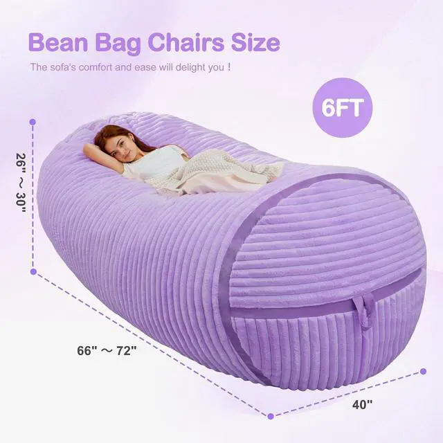 Alt view image 2 of 6 - Bean Bag Chair 6FT Bean Bag Chairs with Memory Foam Filled,6' Small Comfy Beanbag Chair with Soft Faux Fur Cover,Comfy Bean Bag Sofa for Classroom,Living Room,Bedroom-Purple