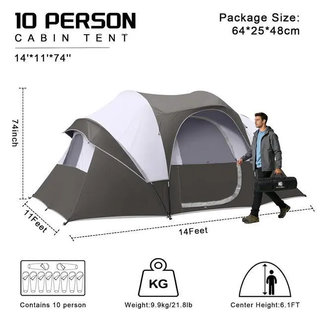 Alt view image 2 of 7 - 10 Person Camping Tent - Large Family Tent for Camping, Easy Set Up Portable Dome Tent, Windproof Outdoor Tent for Hiking, Backpacking, Traveling, 14'x11'x74''(H)
