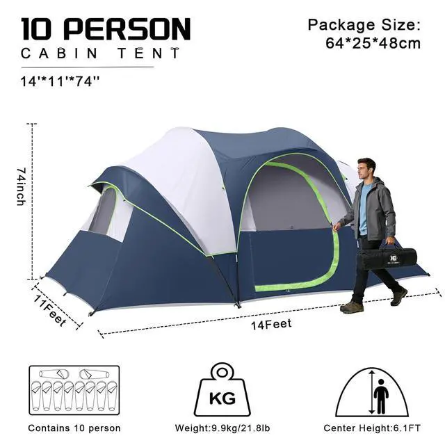 Alt view image 2 of 7 - 10 Person Camping Tent - Large Family Tent for Camping, Easy Set Up Portable Dome Tent, Windproof Outdoor Tent for Hiking, Backpacking, Traveling, 14'x11'x74''(H)