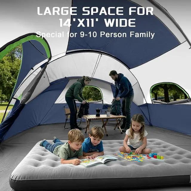 Alt view image 4 of 7 - 10 Person Camping Tent - Large Family Tent for Camping, Easy Set Up Portable Dome Tent, Windproof Outdoor Tent for Hiking, Backpacking, Traveling, 14'x11'x74''(H)