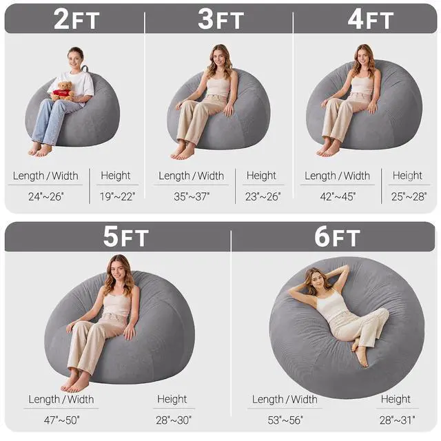 Alt view image 2 of 7 - 6FT Bean Bag Chair Teardrop Bean Bag Chairs for Adults beanbag with Memory Foam Filled with Dual-Tone Unique Combination Corduroy & Luxury Distressed Velvet Washable Cover,Corduroy Dark Grey