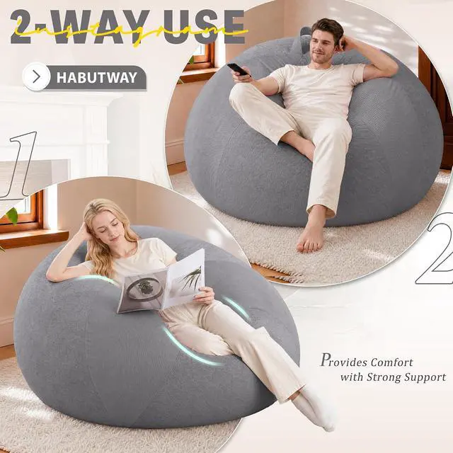 Alt view image 4 of 7 - 6FT Bean Bag Chair Teardrop Bean Bag Chairs for Adults beanbag with Memory Foam Filled with Dual-Tone Unique Combination Corduroy & Luxury Distressed Velvet Washable Cover,Corduroy Dark Grey
