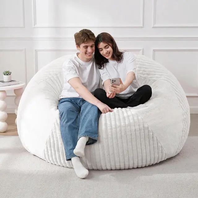 Alt view image 7 of 7 - 5FT Bean Bag Chairs Teardrop Bean Bag Chairs for Adults Beanbag Chair with Memory Foam Filled Soft Plush Leaf alongside Stripe Faux Fur Washable Cover for Dorm, Bedroom(Plush WH)