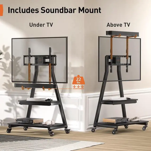 Alt view image 2 of 7 - Mobile TV Stand with Soundbar Mount, Rolling Floor TV Stand with Wheels for 43-83" TVs up to 132lbs, Mobile TV Cart with Storage Shelves, Tilt Swivel Corner TV Cart Max VESA 600x400mm