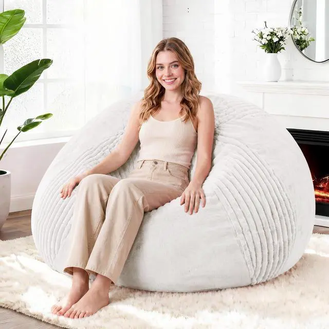 Main image of 5FT Bean Bag Chairs Teardrop Bean Bag Chairs for Adults Beanbag Chair with Memory Foam Filled Soft Stripe Leaf alongside Plush Faux Fur Washable Cover for Dorm, Bedroom(Stripe WH)