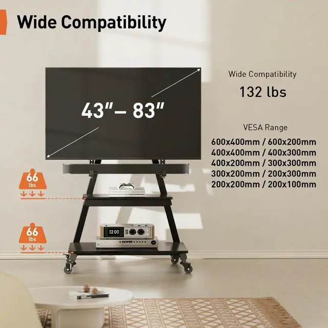 Alt view image 7 of 7 - Mobile TV Stand with Soundbar Mount, Rolling Floor TV Stand with Wheels for 43-83" TVs up to 132lbs, Mobile TV Cart with Storage Shelves, Tilt Swivel Corner TV Cart Max VESA 600x400mm