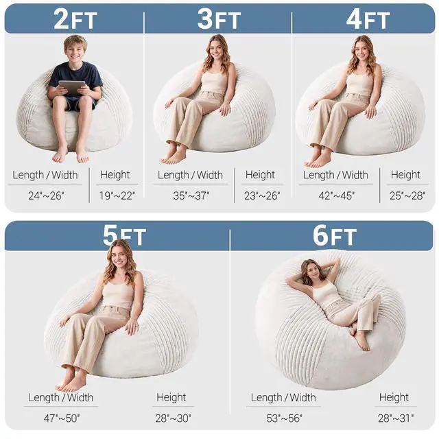 Alt view image 2 of 7 - 4FT Bean Bag Chairs Teardrop Bean Bag Chairs for Adults Beanbag Chair with Memory Foam Filled Soft Stripe Leaf alongside Plush Faux Fur Washable Cover for Dorm, Bedroom(Stripe WH)