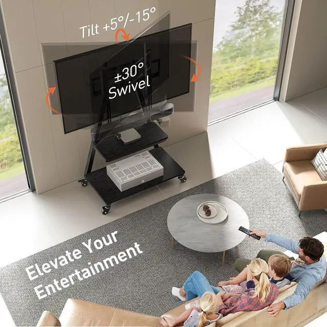 Alt view image 3 of 7 - Mobile TV Stand with Soundbar Mount, Rolling Floor TV Stand with Wheels for 43-83" TVs up to 132lbs, Mobile TV Cart with Storage Shelves, Tilt Swivel Corner TV Cart Max VESA 600x400mm