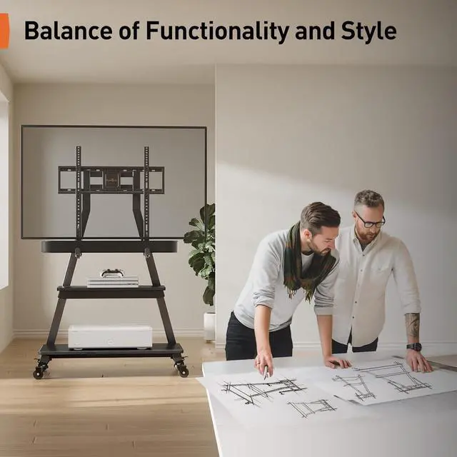 Alt view image 6 of 7 - Mobile TV Stand with Soundbar Mount, Rolling Floor TV Stand with Wheels for 43-83" TVs up to 132lbs, Mobile TV Cart with Storage Shelves, Tilt Swivel Corner TV Cart Max VESA 600x400mm