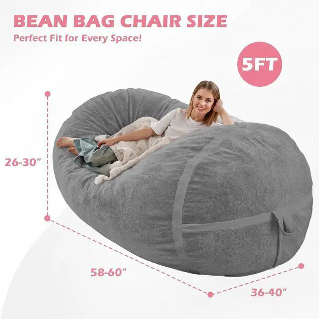 Alt view image 2 of 6 - 5FT Bean Bag Chair,Giant BeanBag Chairs with Memory Foam Filled, Ultra-Soft Velvet with Portable Handle & Removable Cover, Comfy Bean Bag Sofa for Living Room, No Assembly - Dark Grey