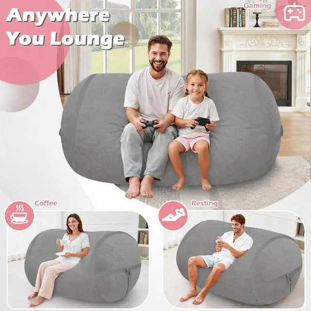 Alt view image 4 of 6 - 5FT Bean Bag Chair,Giant BeanBag Chairs with Memory Foam Filled, Ultra-Soft Velvet with Portable Handle & Removable Cover, Comfy Bean Bag Sofa for Living Room, No Assembly - Dark Grey