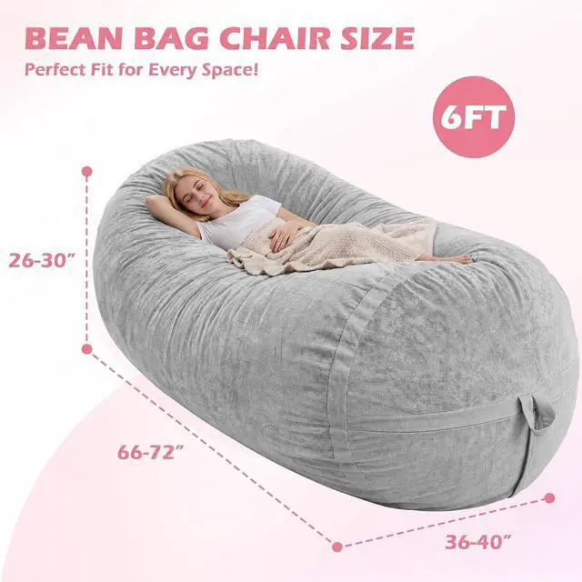 Alt view image 2 of 6 - 6FT Bean Bag Chair,Giant BeanBag Chairs with Memory Foam Filled, Ultra-Soft Velvet with Portable Handle & Removable Cover, Comfy Bean Bag Sofa for Living Room, No Assembly - Light Grey